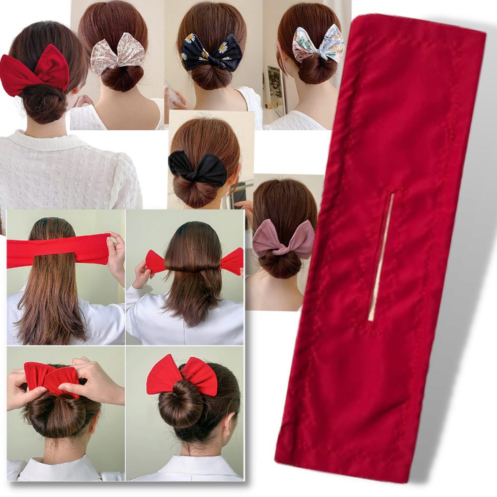 Acessório para cabelo Mexco Trade Inc, para fazer coques, mostrando um laço de cabelo decorativo e prático.