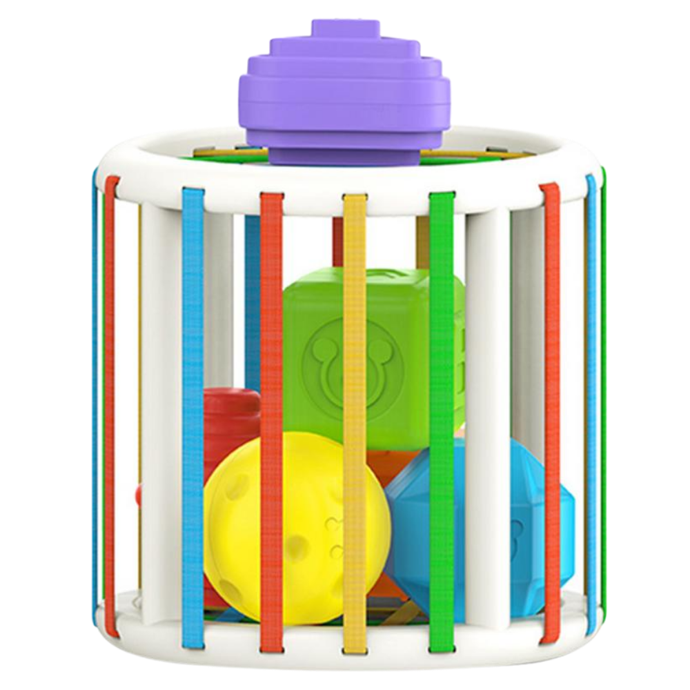 Blocos de formas coloridos para crianças, brinquedo de puzzle em cilindro da marca Pixnone, com peças variadas e vibrantes.