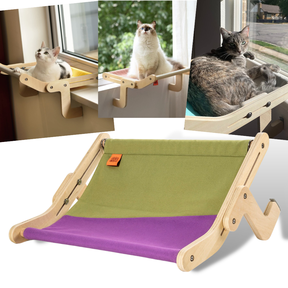 Cama de janela de madeira para gatos da Rolife, confortável e suspensa, ideal para descanso e observação.