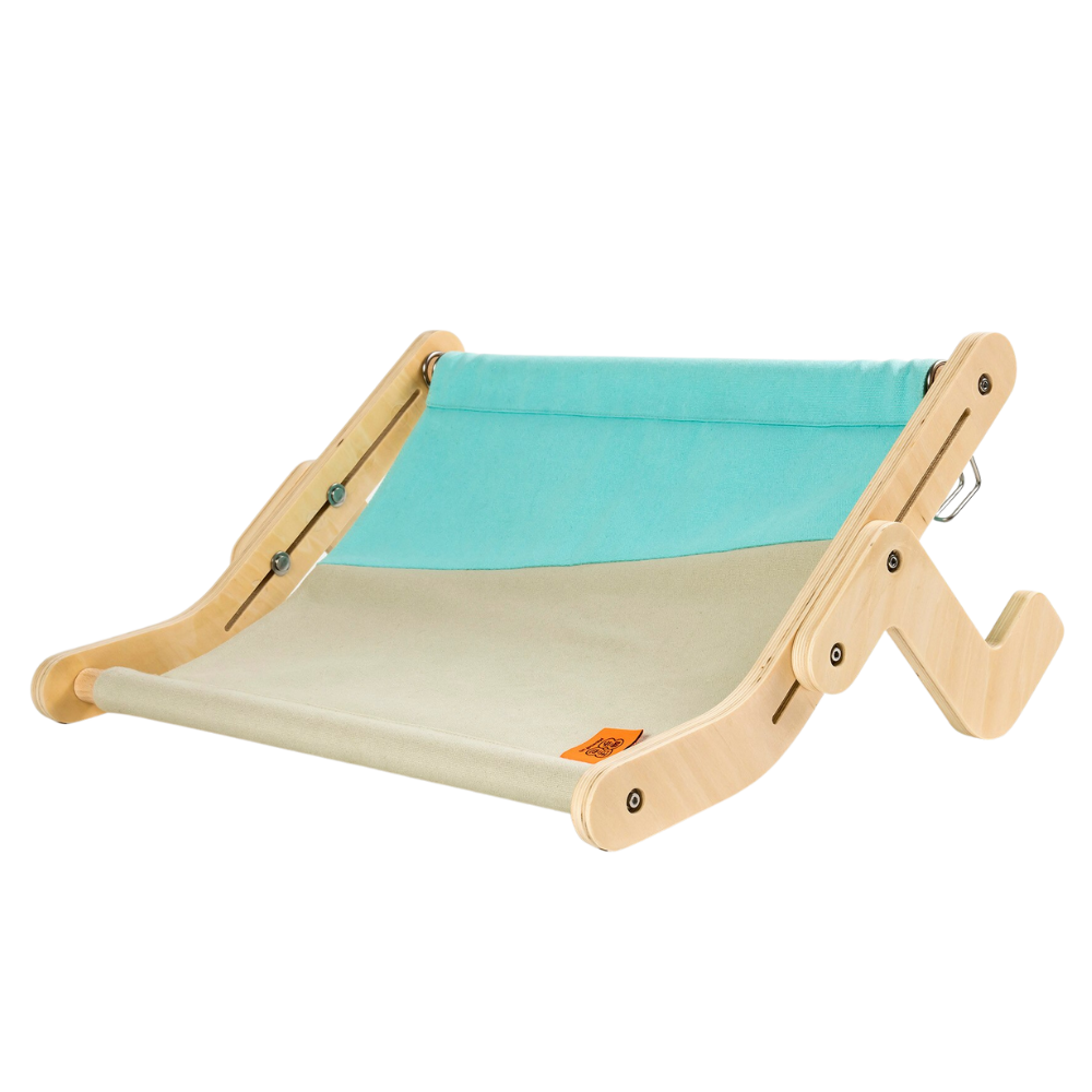 Cama de janela em madeira azul para gatos, acessório para gatos da marca Rolife, com design suspenso e confortável.