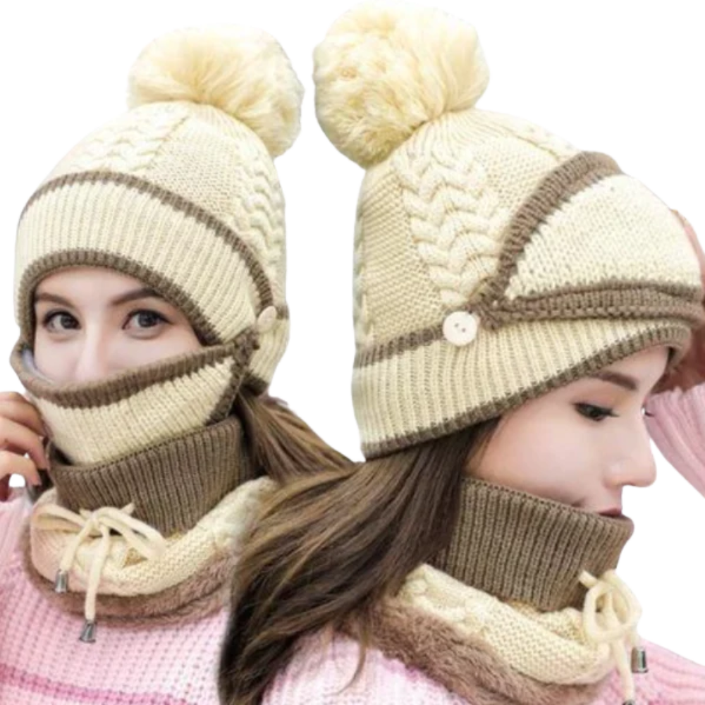Conjunto de bonnets de inverno em tom bege, produzido pela marca Pirate Hat, com estilo aconchegante e confortável