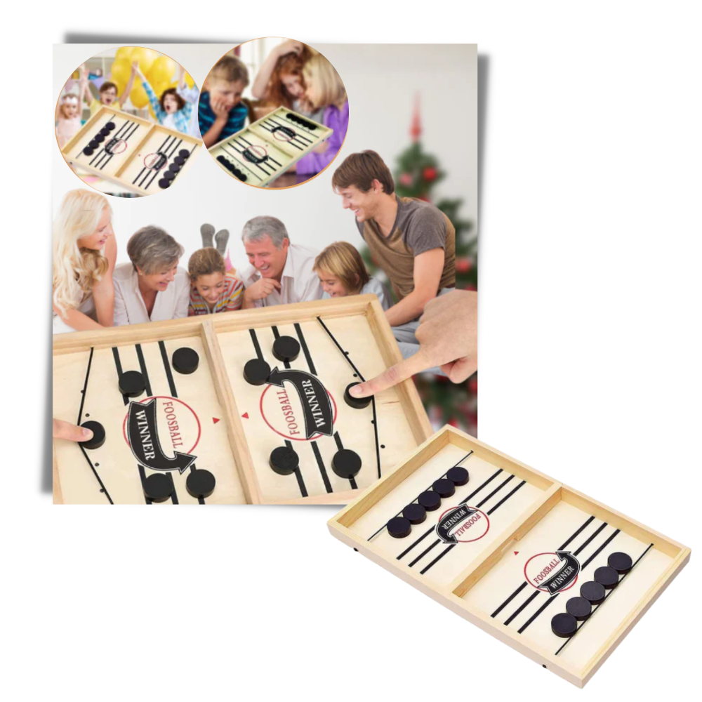 Jogo de hóquei de mesa em madeira da marca Pawst, com peças coloridas e mesa de jogo para diversão em família.