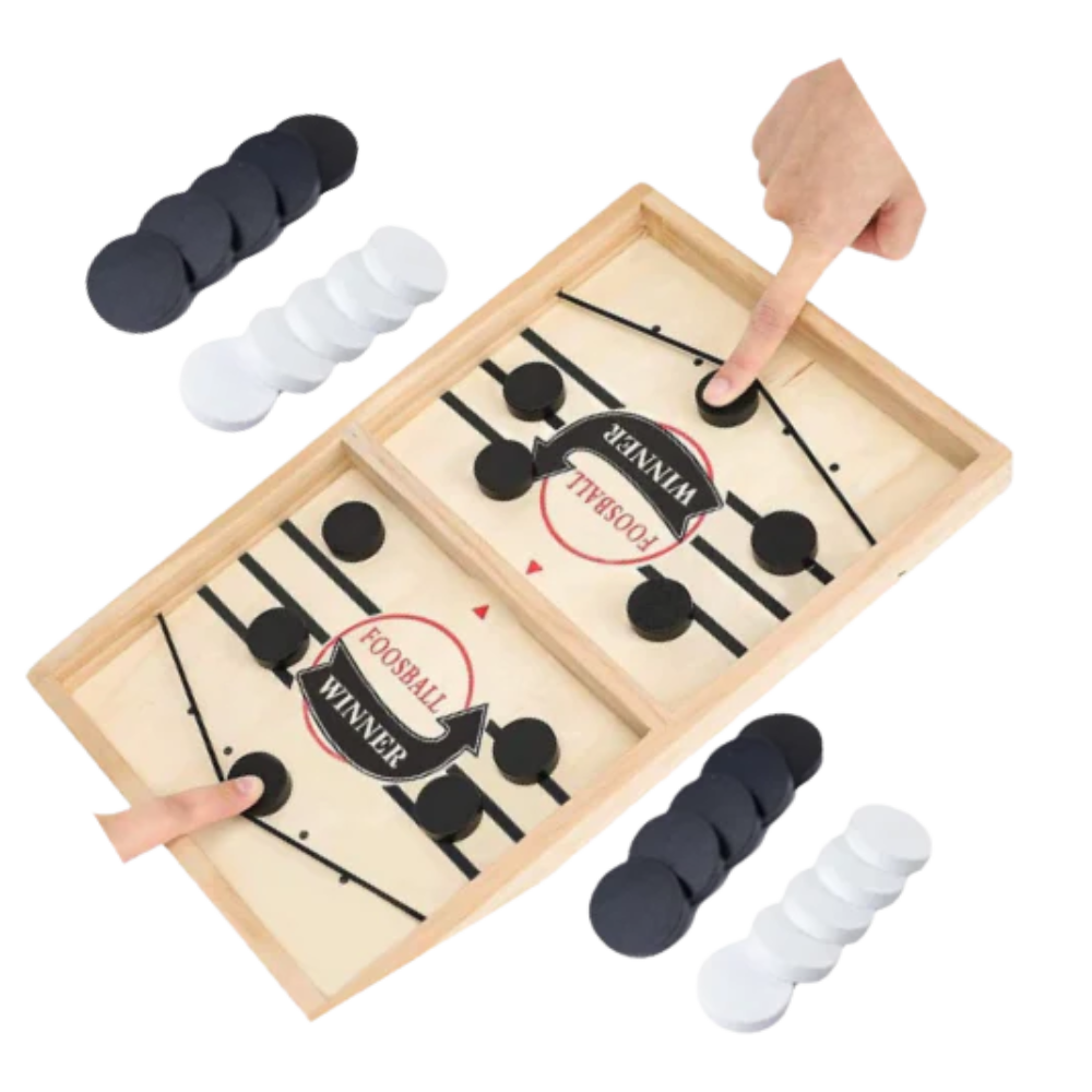 Peças do jogo de hockey de mesa em madeira da marca Pawst, com regras do jogo visíveis na imagem.