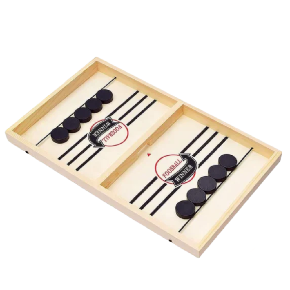 Jogos de hockey de mesa em madeira da marca Pawst, com peças coloridas e superfície de jogo em madeira natural.