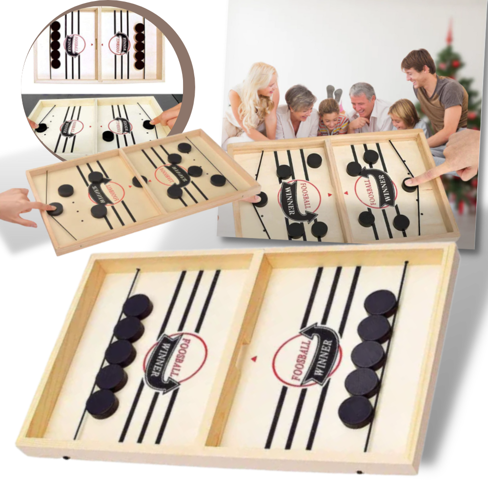 Jogo de hóquei de mesa em madeira da marca Pawst, com peças coloridas em uma mesa de jogo esportivo.