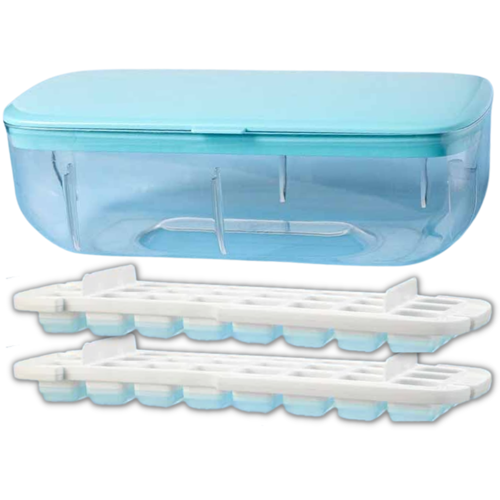 Conjunto de bandeja de silicone para gelo da Munchen, com cubos de gelo em azul, utensílios e acessórios de cozinha.