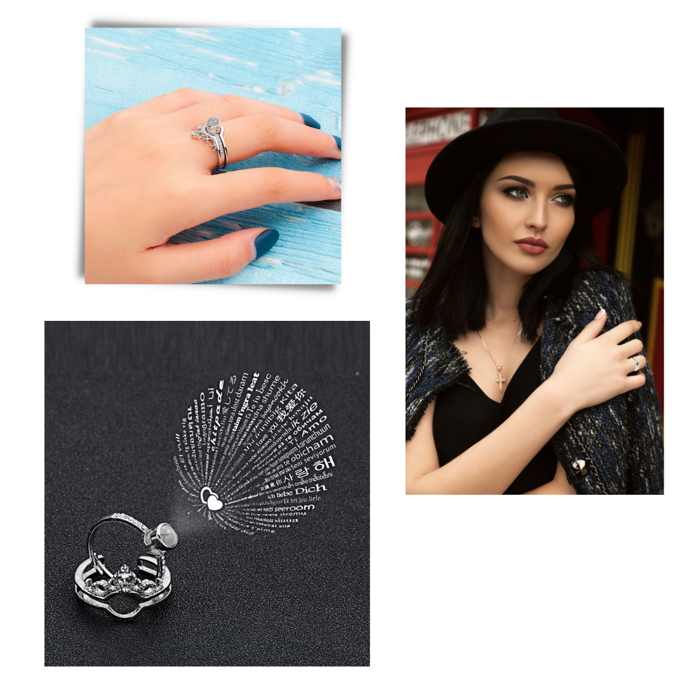 Anel Belle Bague "Je t'aime" em 100 línguas da marca Relanfenk, com design delicado e detalhes elegantes.