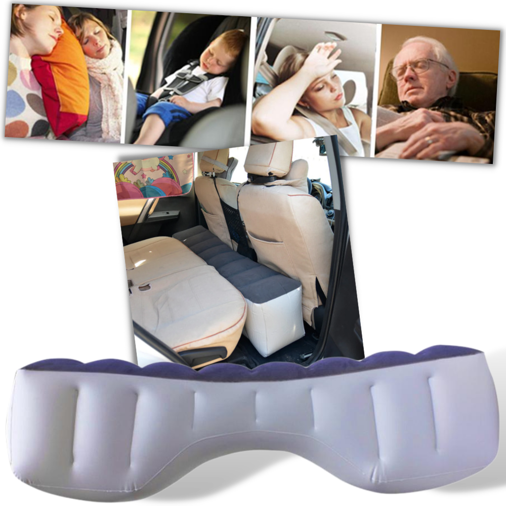 Almofada inflável para assento de carro Sjddufcnd, ideal para camping e caminhadas, mostra a almofada inflada sobre o assento.