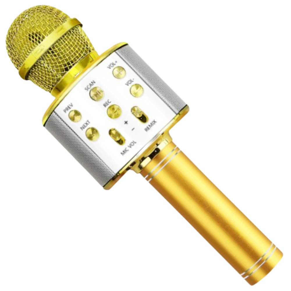 Microfone karaoké Bluetooth sem fio Aetomce dourado, componente de áudio para diversão e performances musicais.