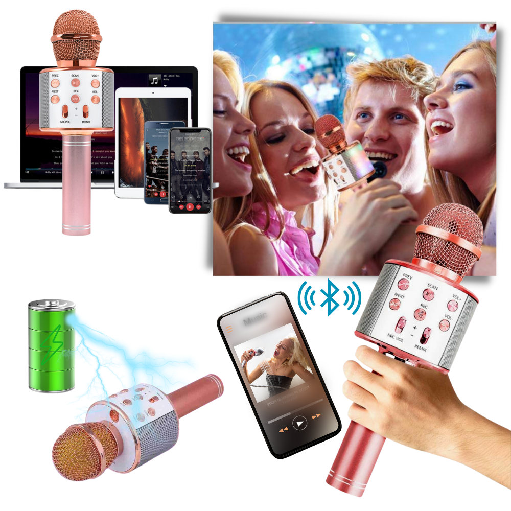Microfone de karaokê Bluetooth sem fio Aetomce, componente de áudio portátil com design inovador para diversão musical.