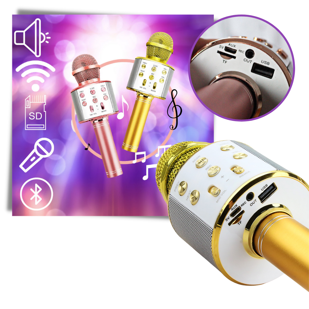 Microfone karaoké Bluetooth sem fio Aetomce, componentes de áudio com conexão múltipla e design portátil.
