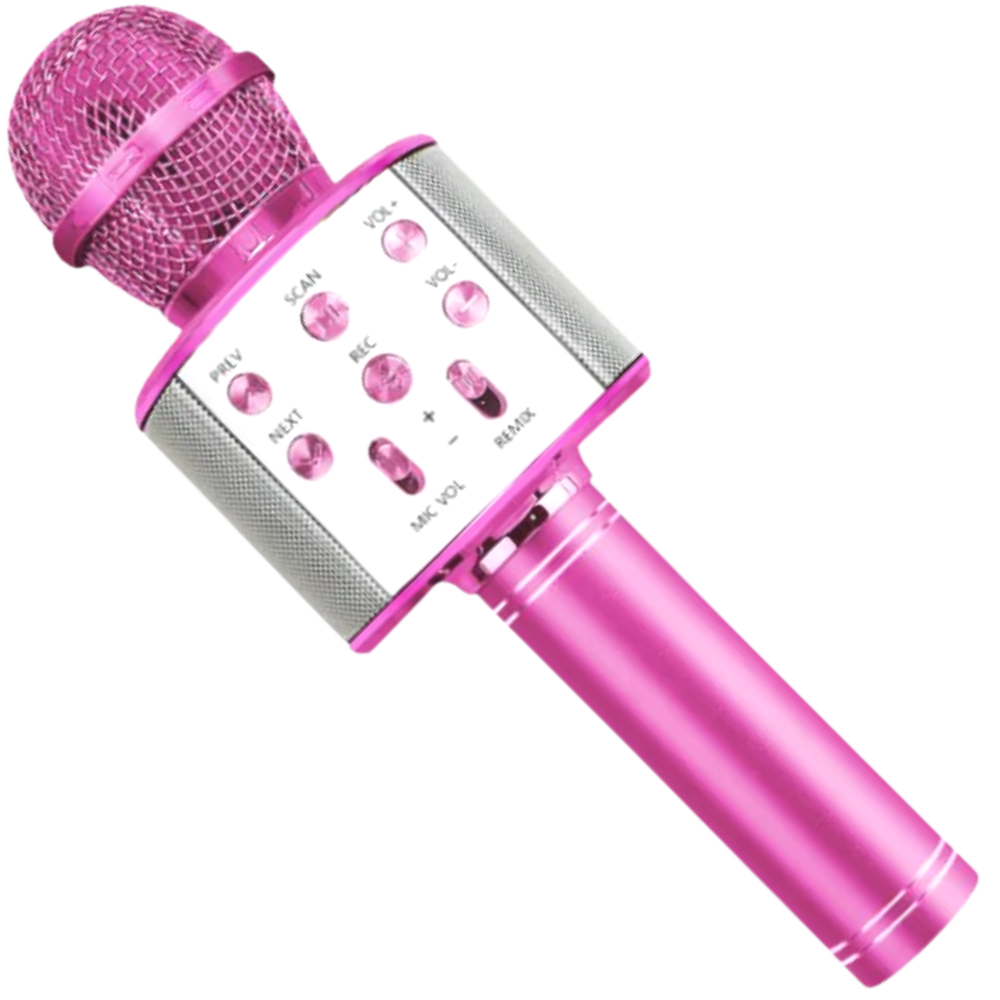 Microfone de karaokê Bluetooth sem fio Aetomce de cor rosa, componente de áudio com design compacto e portátil.