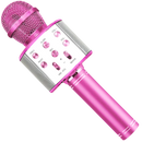 Microfone de karaokê Bluetooth sem fio Aetomce de cor rosa, componente de áudio com design compacto e portátil.