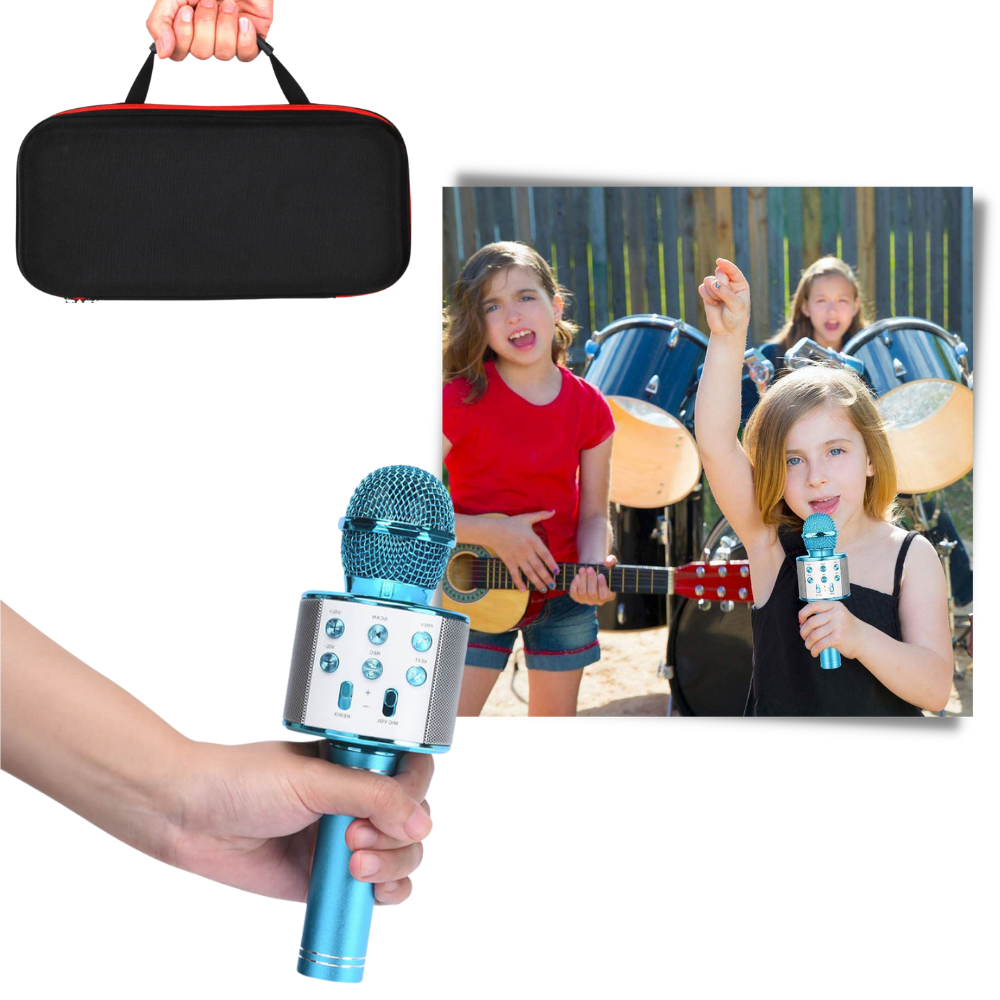 Microfone de karaokê Bluetooth sem fio da Aetomce, portátil, com design compacto e controle de volume visível na imagem.