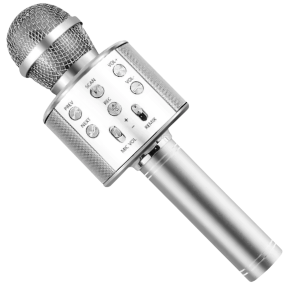 Microfone de karaokê Bluetooth sem fio Aetomce, componente de áudio prateado para entretenimento musical.