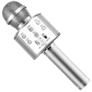 Microfone de karaokê Bluetooth sem fio Aetomce, componente de áudio prateado para entretenimento musical.