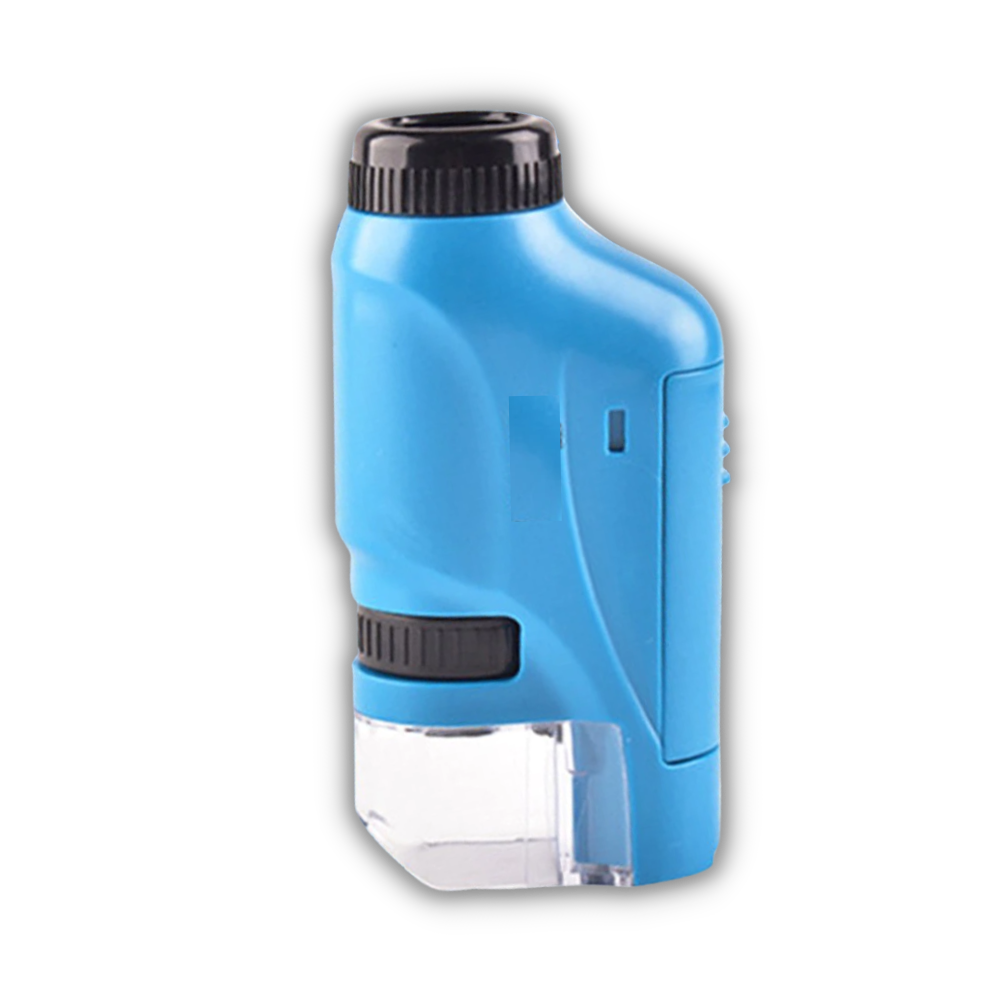 Microscópio portátil para crianças Pwtool, brinquedo óptico com lente azul e design compacto para exploração científica.