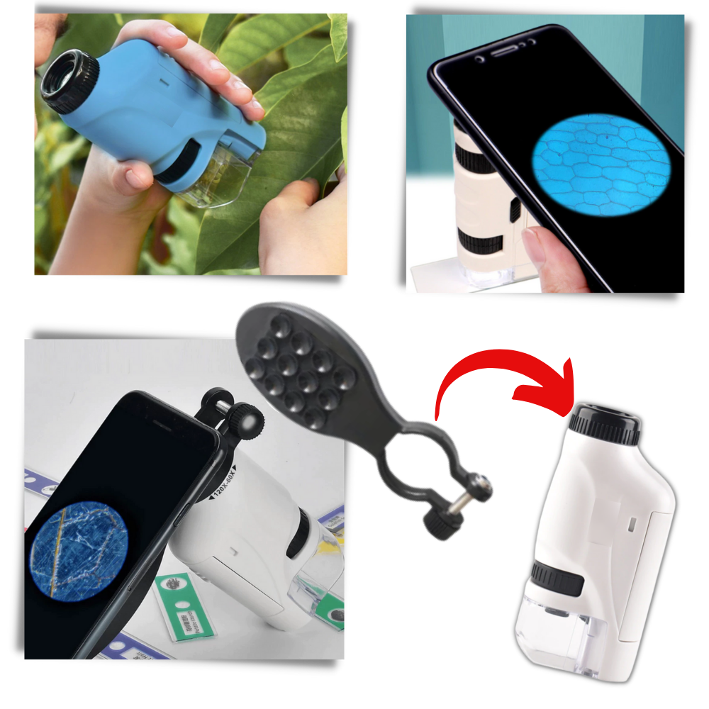 Microscópio portátil para crianças da Pwtool, brinquedo óptico com lentes e estrutura compacta para exploração científica.