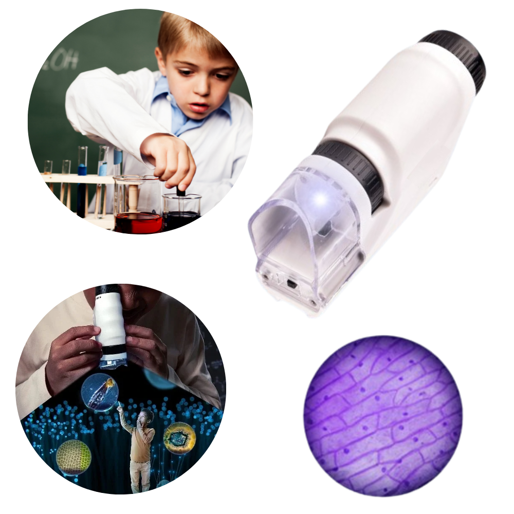 Microscópio portátil para crianças da Pwtool, brinquedo óptico com lente e base para exploração científica.