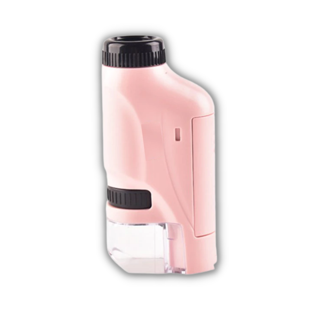 Microscópio portátil para crianças Pwtool, brinquedo óptico rosa, com lentes e acessórios para exploração científica infantil.