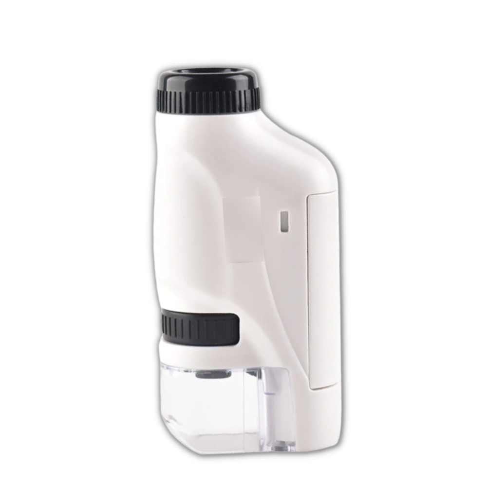 Microscópio portátil para crianças da Pwtool, brinquedo óptico branco com lente e estrutura compacta.