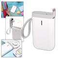 Impressora de etiquetas portátil Dodocool para escritório, mostrada em uma mesa com etiquetas impressas.