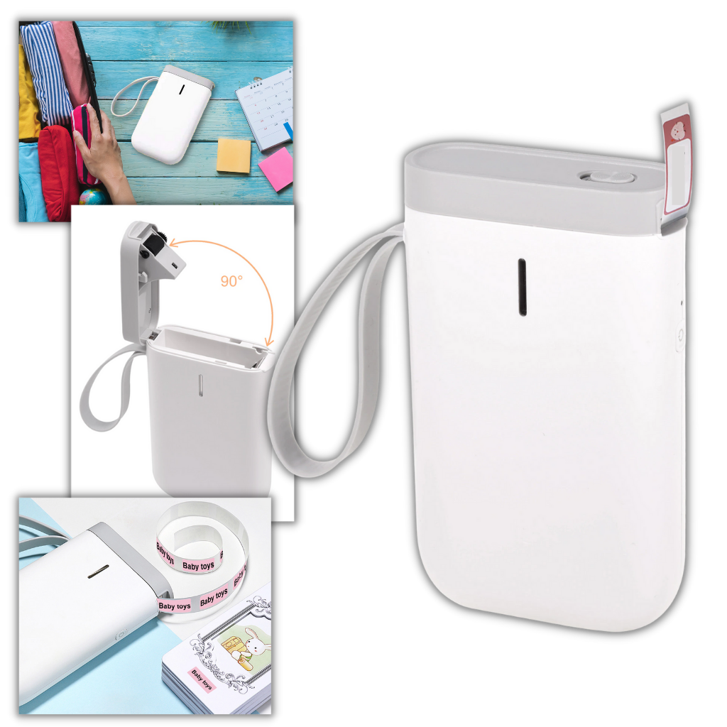 Impressora de etiquetas portátil Dodocool para escritório, mostrada em uma mesa com etiquetas impressas.
