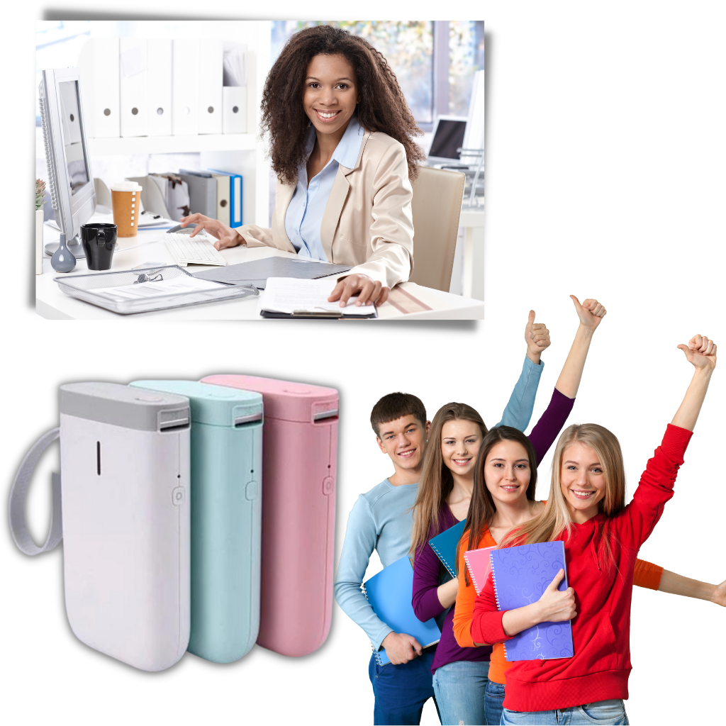 Impressora de etiquetas portátil Dodocool, equipamento de escritório, mostrando a impressora compacta em uso.