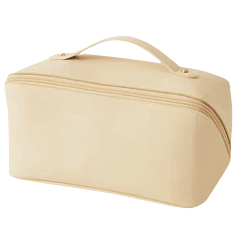 Necessaire de viagem grande capacidade Thrinwolf na cor bege, com compartimentos para maquiagem e itens pessoais.