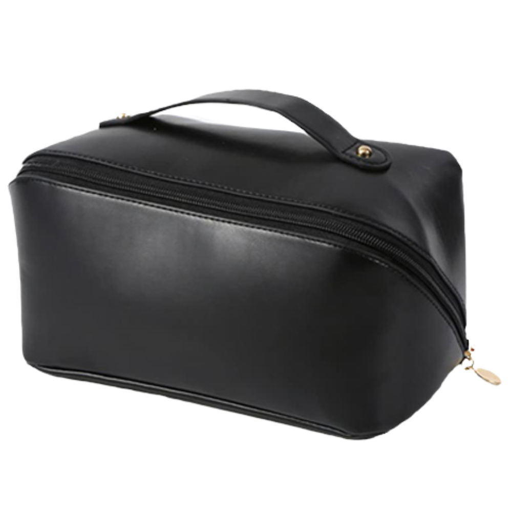 Necessaire de viagem grande capacidade da Thrinwolf, bolsa preta para maquiagem e acessórios, vista frontal com zíper.
