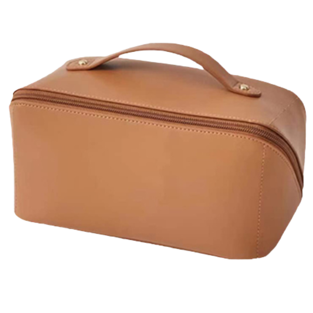 Necessaire de viagem grande capacidade Thrinwolf, bolsa de maquiagem marrom com compartimentos espaçosos para organização.
