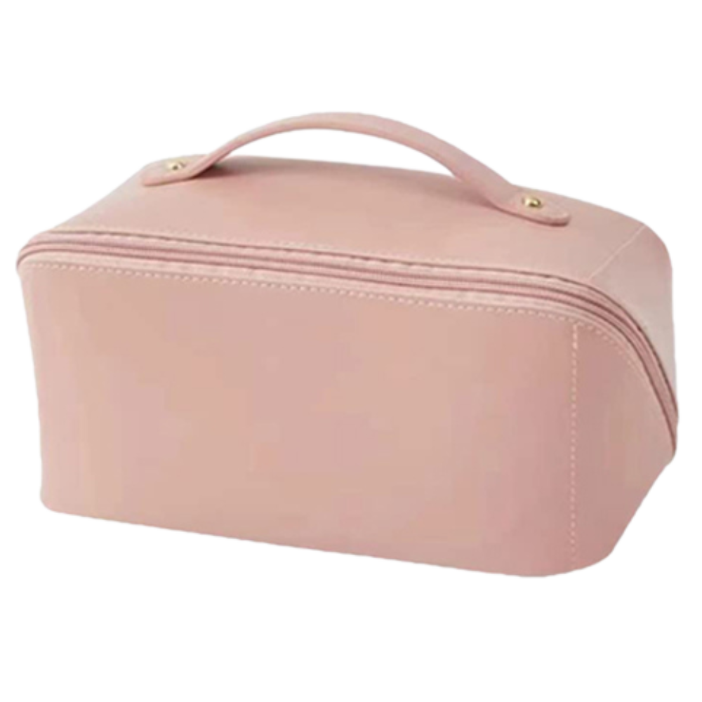 Pochete de viagem grande capacidade Thrinwolf para maquiagem, em rosa, com compartimentos espaçosos para organização.