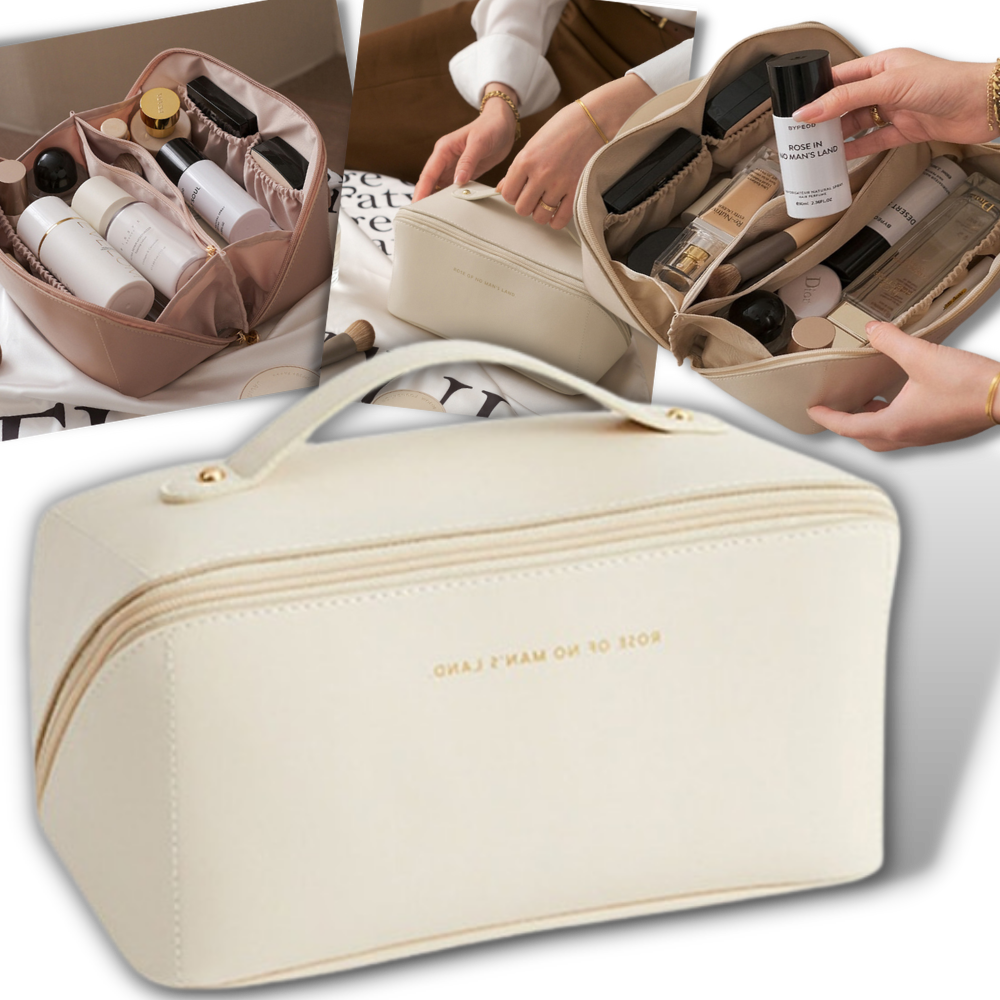 Necessaire de viagem grande capacidade Thrinwolf para maquiagem, com compartimentos espaçosos e design prático para organização.