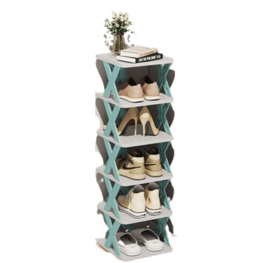 Organizador de sapatos em várias camadas Hoksml azul, com múltiplos níveis para armazenamento eficiente de calçados.