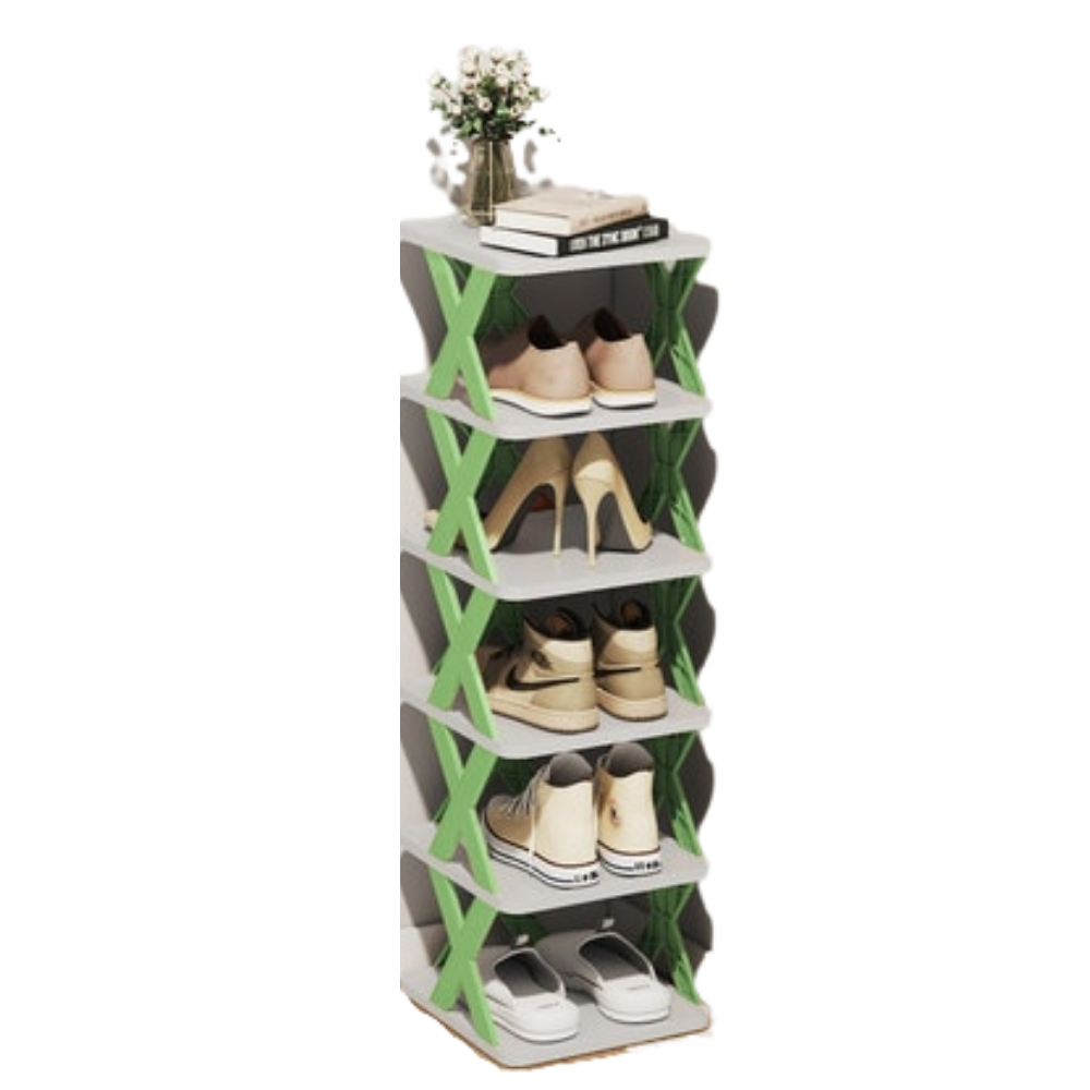 Organizador de sapatos com múltiplos níveis Hoksml, estrutura verde, espaço para armazenamento eficiente de calçados.