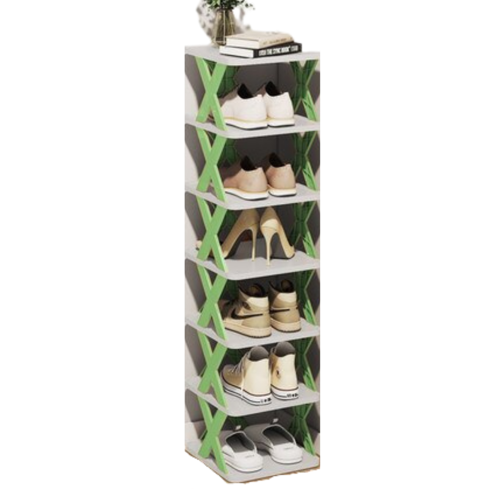 Organizador de sapatos em vários níveis da marca Hoksml, com prateleiras verdes para armazenamento eficiente de calçados.