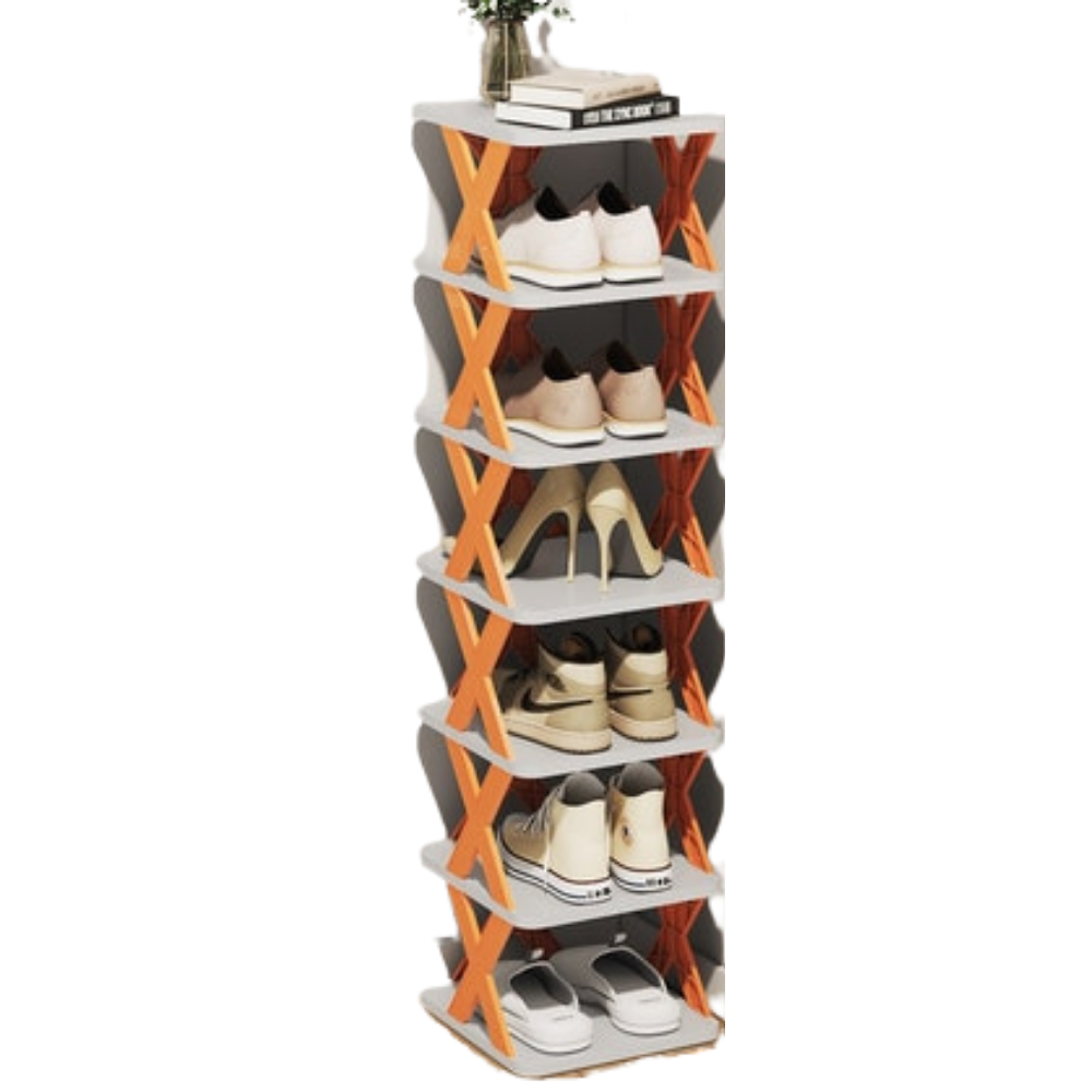 Organizador de sapatos em vários níveis Hoksml, estrutura de plástico laranja para armazenamento eficiente de calçados.