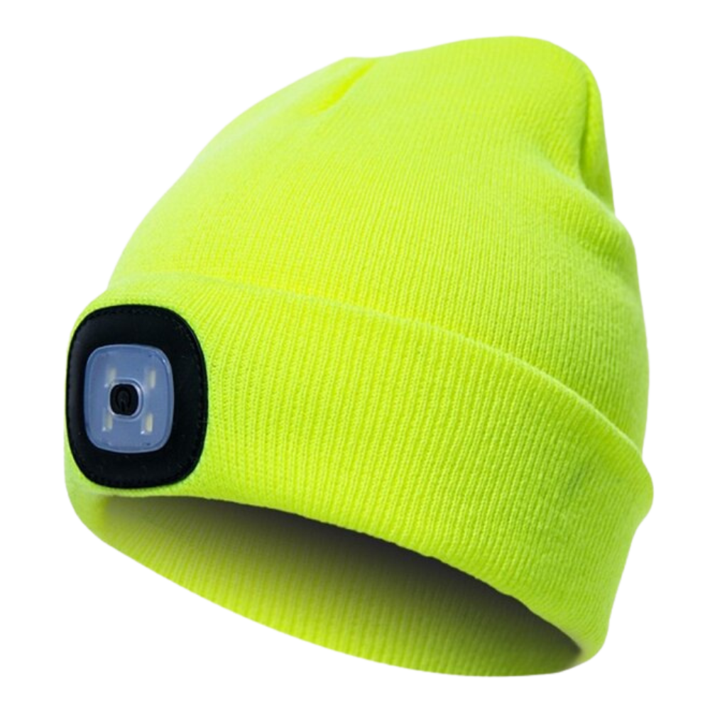 Gorro com luz LED amarelo da marca Tools & Home Improvement, chapéu com iluminação para uso em atividades ao ar livre.