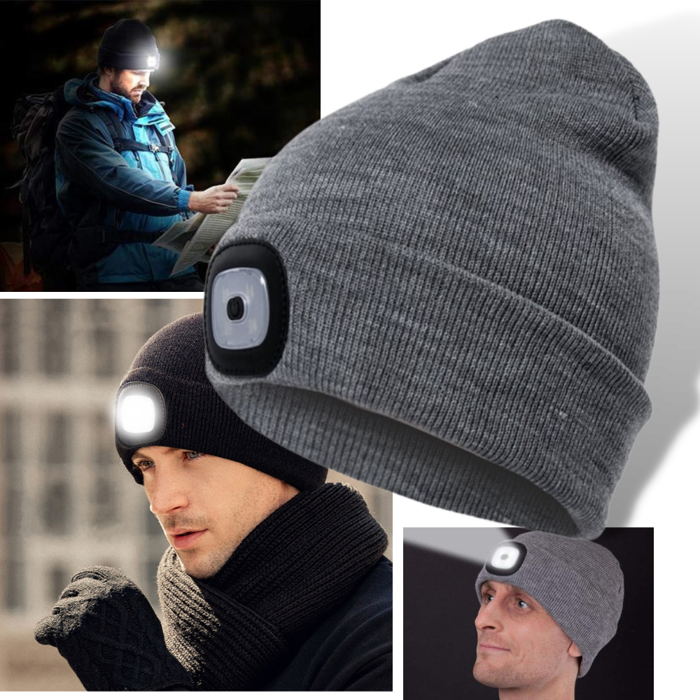 Gorro com luz LED da marca Tools & Home Improvement, com iluminação embutida para uso em atividades ao ar livre ou trabalhos noturnos.