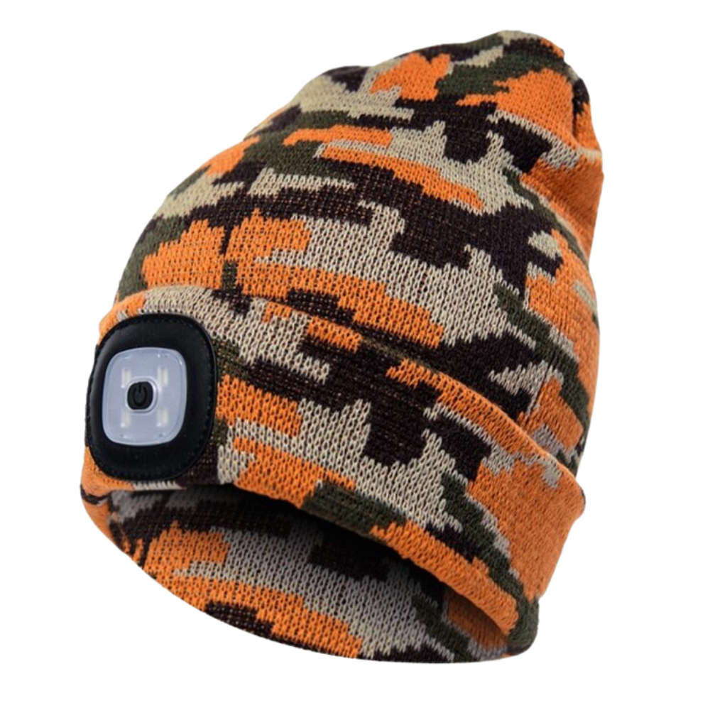 Gorro com luz LED laranja da marca Tools & Home Improvement, ideal para atividades ao ar livre e trabalhos noturnos.