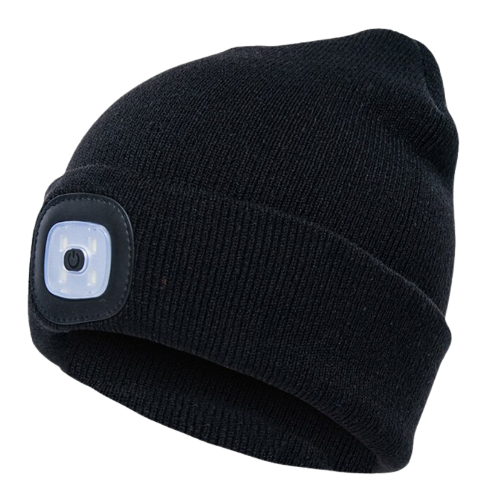 Gorro com luz LED preto da marca Tools & Home Improvement, com iluminação frontal visível na imagem.