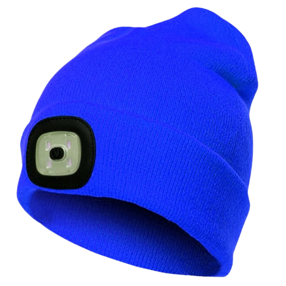 Gorro com luz LED azul da marca Tools & Home Improvement, feito de tecido aconchegante, ideal para atividades ao ar livre.