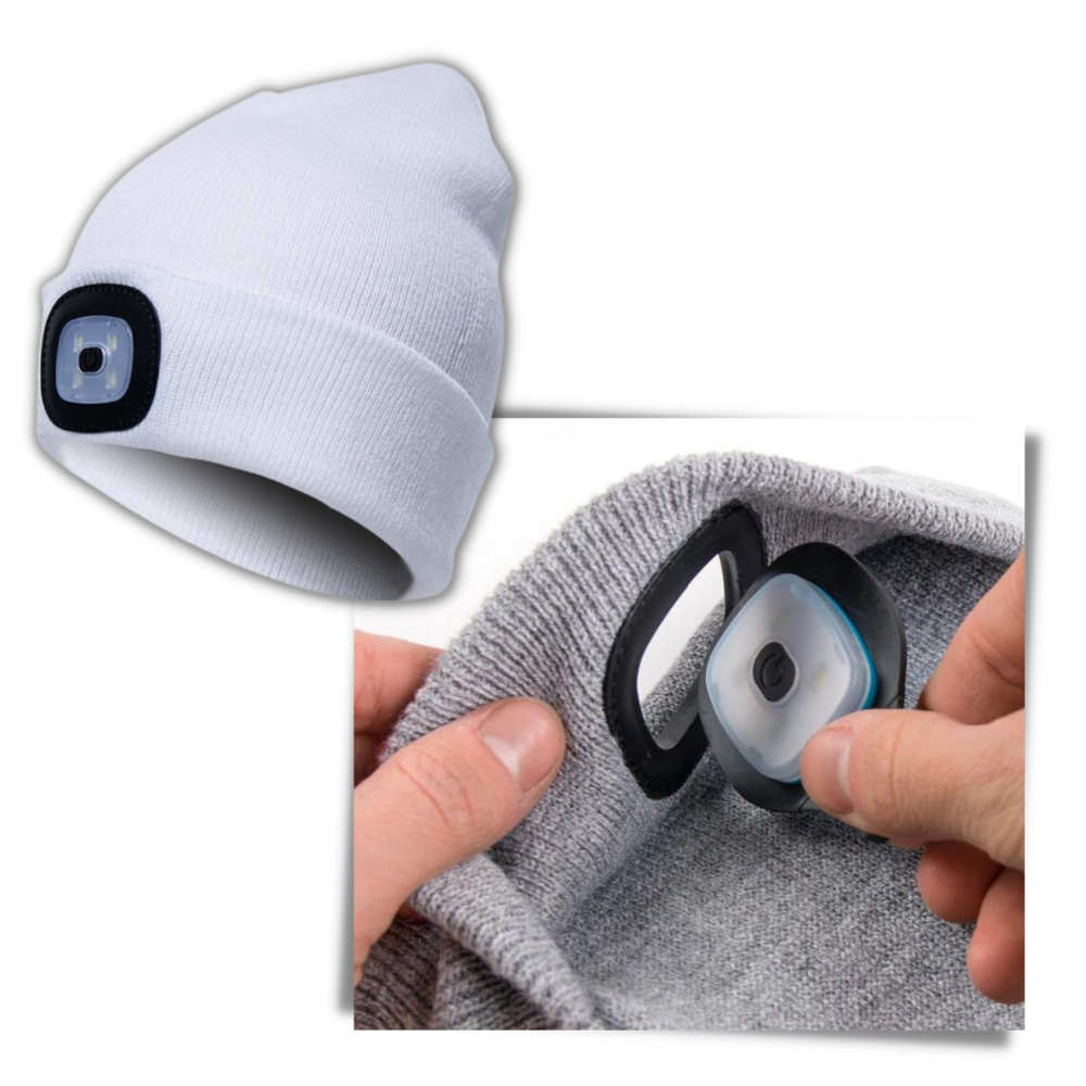 Gorro com luz LED da marca Tools & Home Improvement, feito de tecido macio, ideal para atividades ao ar livre e mãos livres.