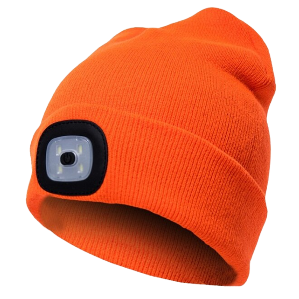 Gorro com luz LED laranja da marca Tools & Home Improvement, material macio e confortável para uso em ambientes escuros.