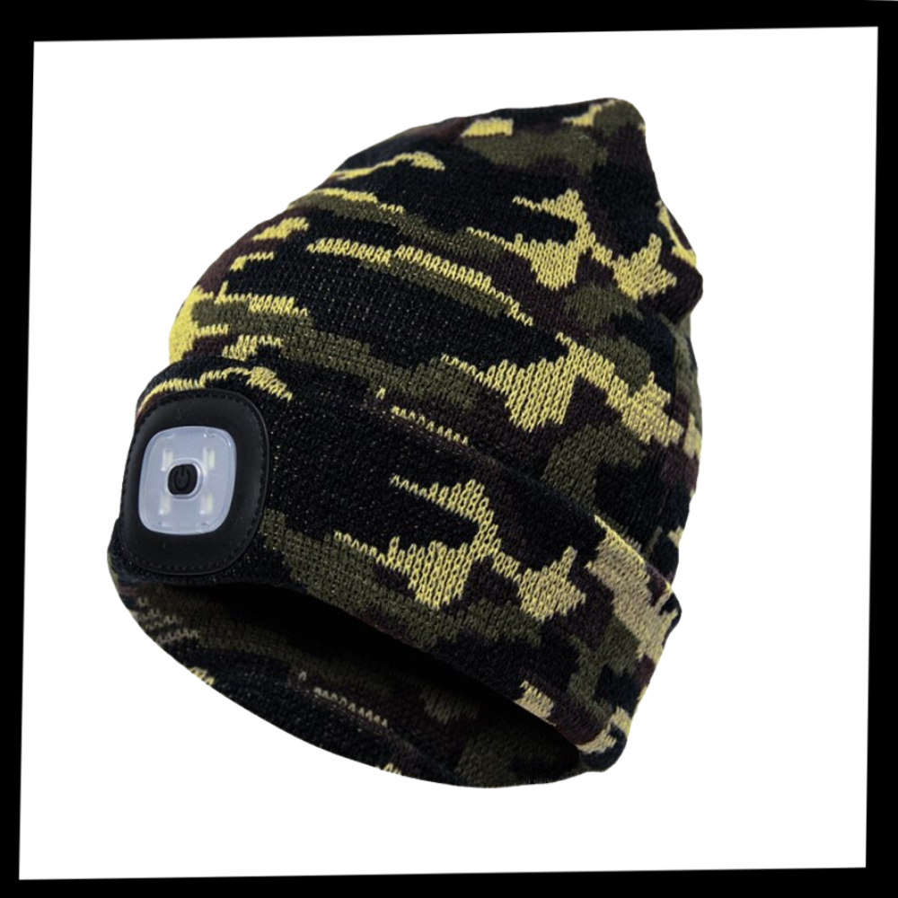 Gorro com luz LED da marca Tools & Home Improvement, com iluminação integrada, ideal para atividades ao ar livre e trabalhos noturnos.