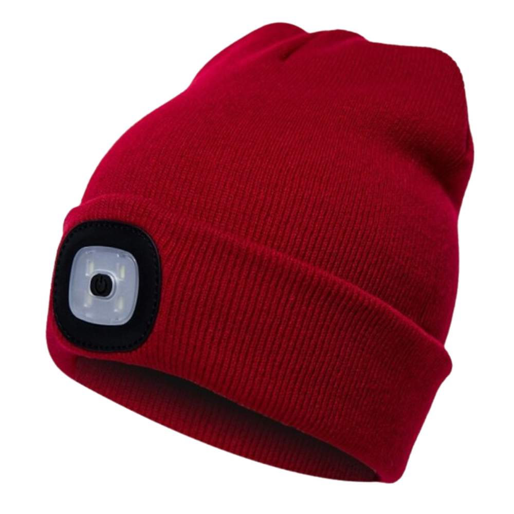 Gorro com luz LED vermelho da marca Tools & Home Improvement, ideal para atividades em ambientes com pouca iluminação.