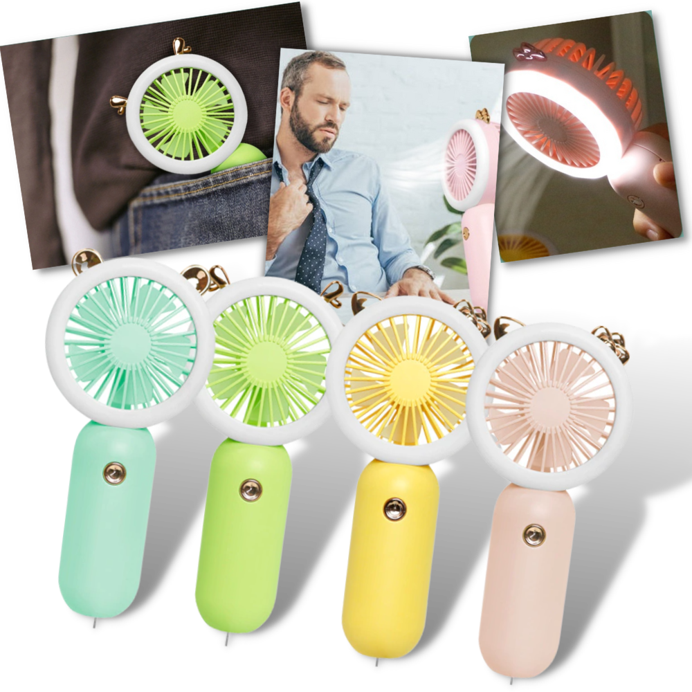 Ventilador USB de bolso Muyan com LEDs, portátil para resfriamento e iluminação, ideal para uso em escritórios ou viagens.
