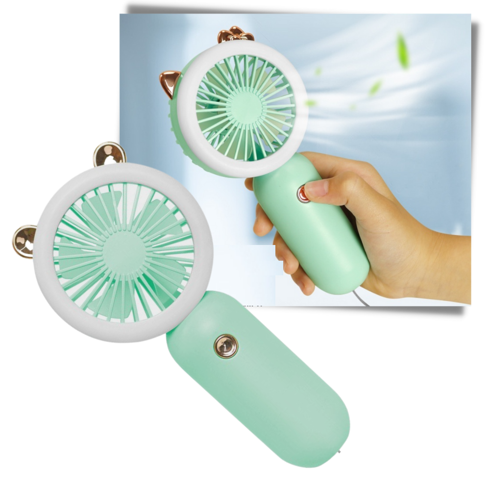 Ventilador USB de bolso Muyan com luz LED, portátil, ideal para resfriar e iluminar ambientes pequenos.