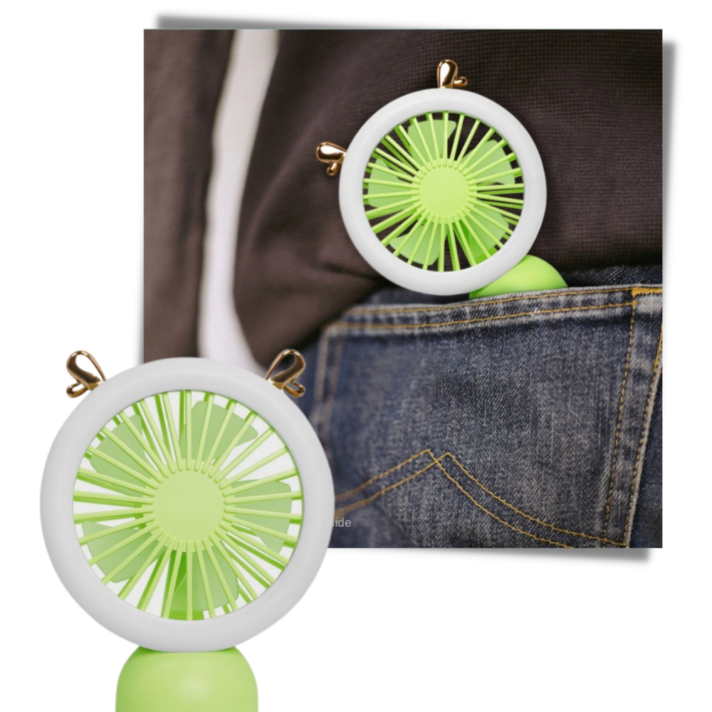 Ventilador USB de bolso Muyan com luz LED, portátil, ideal para refrigeração e aquecimento em ambientes diversos.