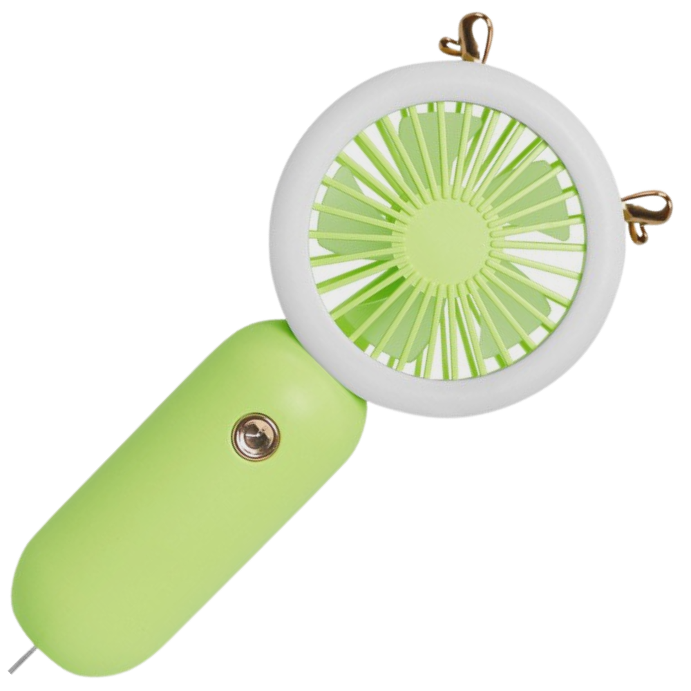 Ventilador USB de bolso Muyan com luz LED verde, portátil para resfriar e aquecer com energia USB.
